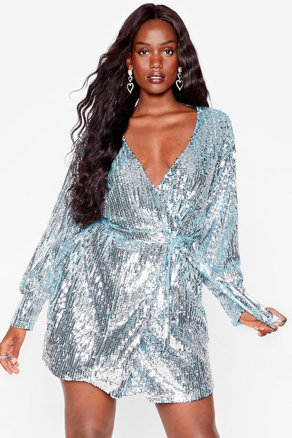 Plus Size Sequin Belted Wrap Dress ...